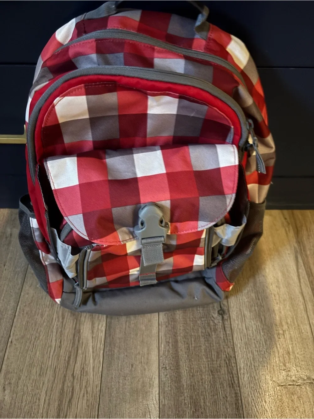 Lands' End Red and Gray Plaid Kids Backpack with Matching Lunch Bag